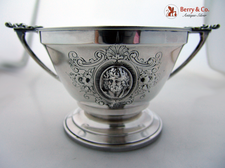 Medallion Mask Handle Sugar Bowl Wood Hughes Coin Silver 1865 No Monograms