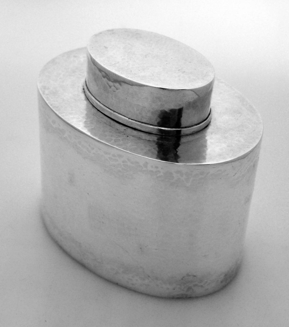 Arts and Crafts Tea Caddy and Spoon Galt Hand Made Hammered Sterling Silver 1910