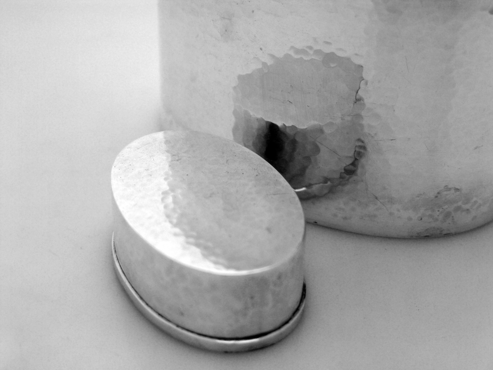 Arts and Crafts Tea Caddy and Spoon Galt Hand Made Hammered Sterling Silver 1910