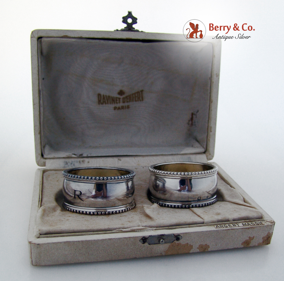 French Sterling Silver Pair Beaded Boxed Napkin Rings 