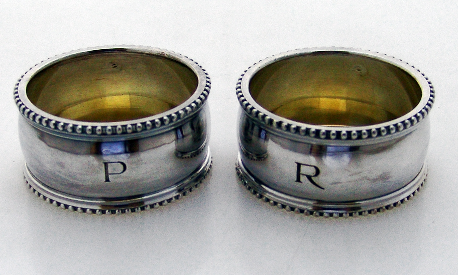 French Sterling Silver Pair Beaded Boxed Napkin Rings 