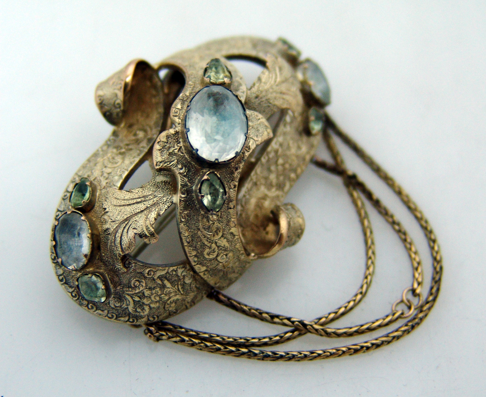  Antique 14K Gold Brooch White Yellow Paste Stones 1850 