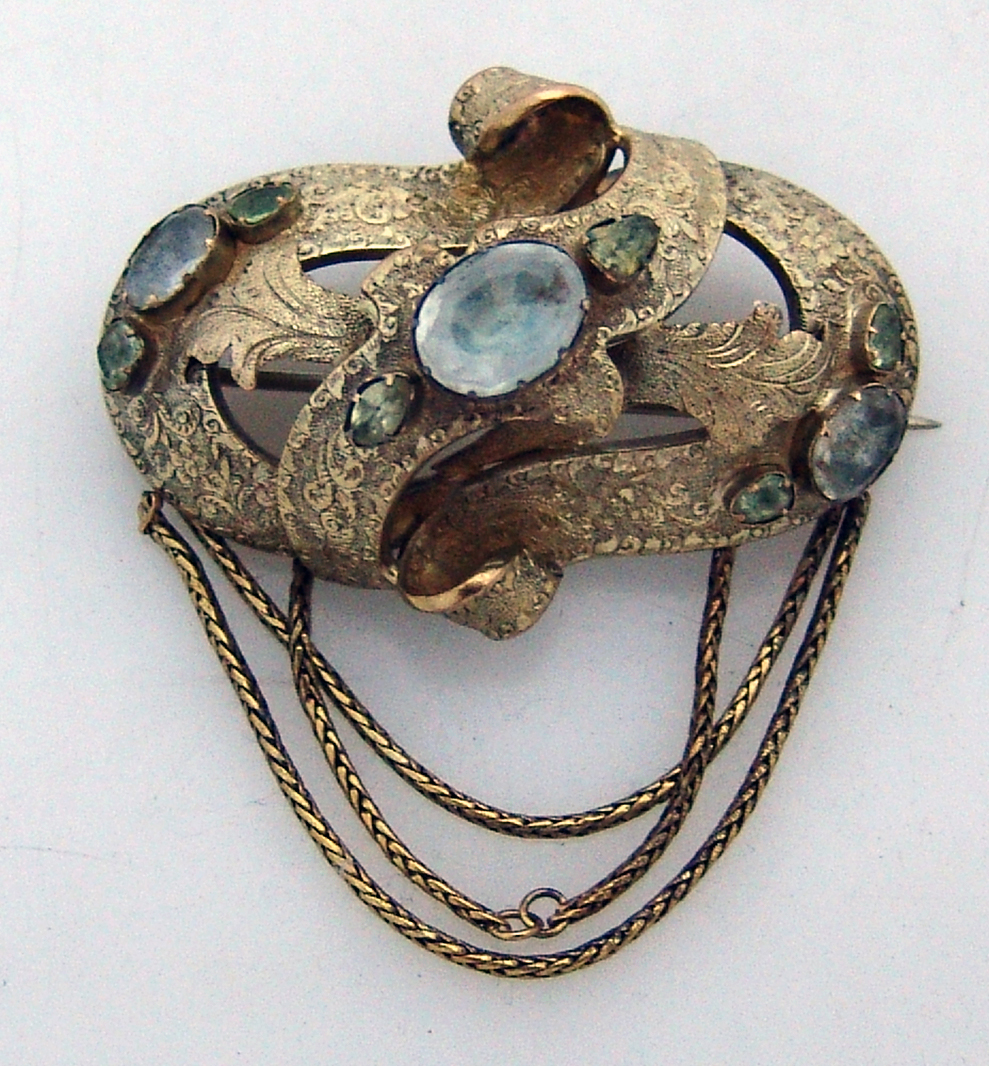  Antique 14K Gold Brooch White Yellow Paste Stones 1850 