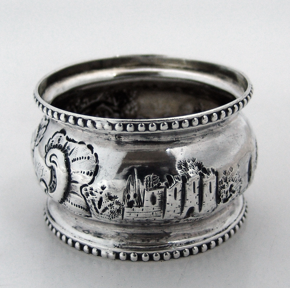 Architecural Napkin Ring Beaded Coin Silver 1860 Monogram MEJ