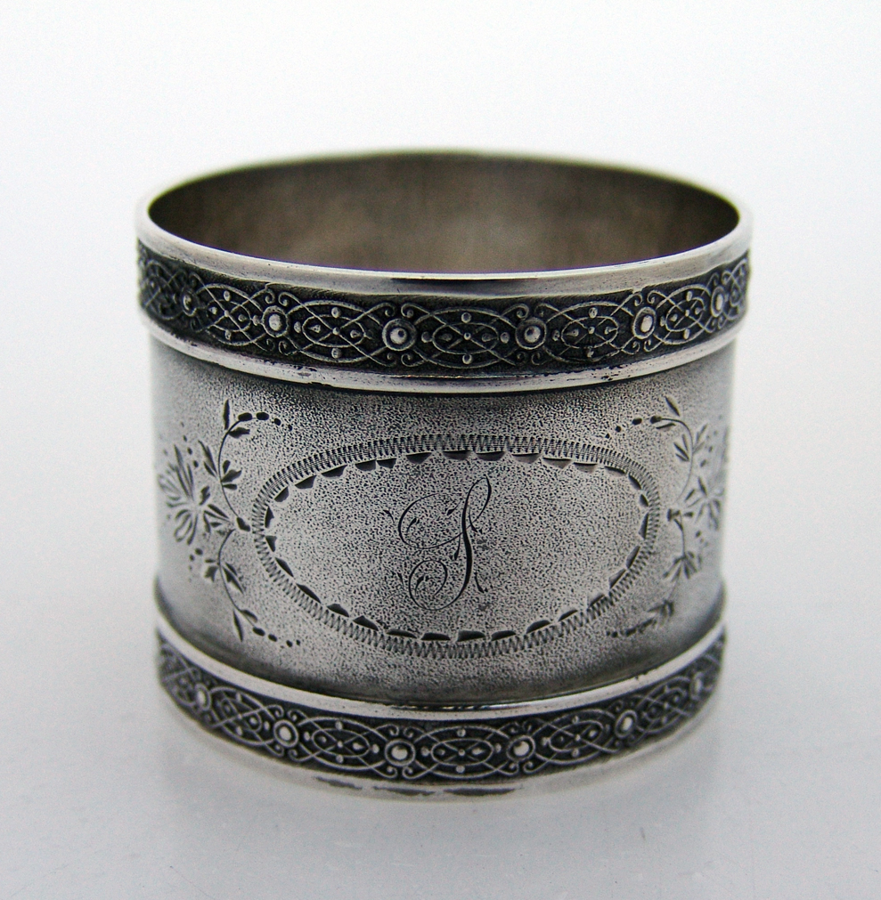 Ornate Napkin Rings Pair Coin Silver 1870 Monogram S