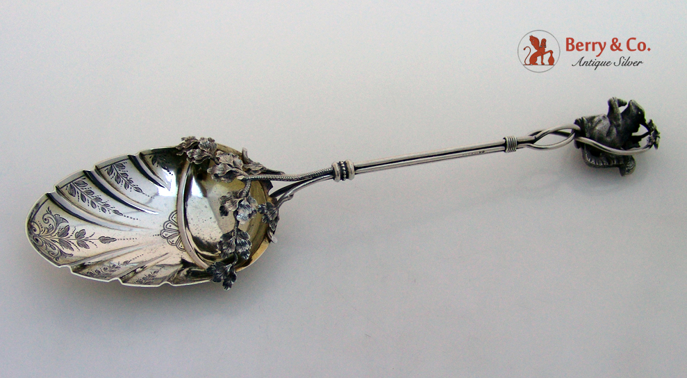 Figural Squirrel Oak Leaf Serving Spoon Sterling Silver 1870