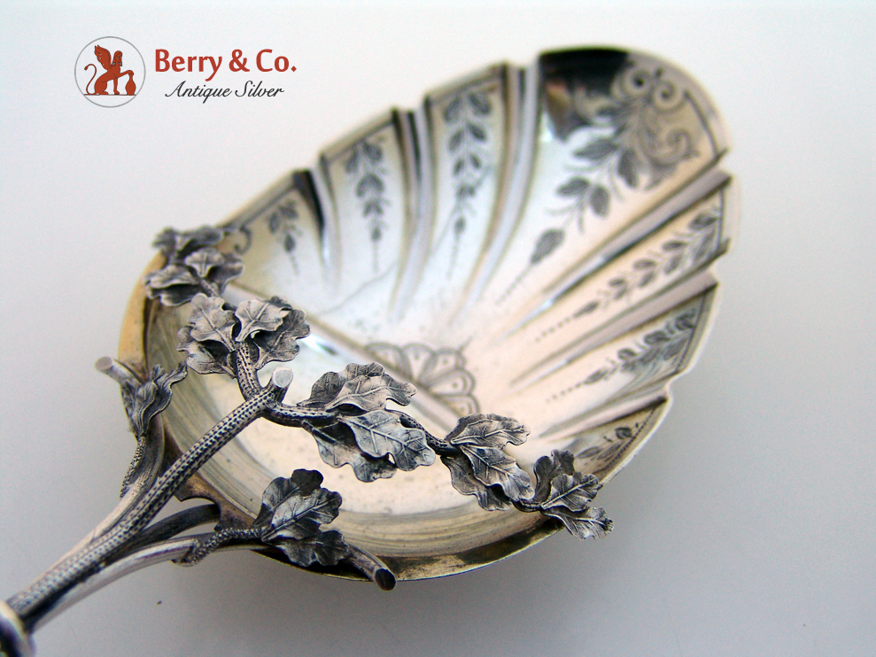 Figural Squirrel Oak Leaf Serving Spoon Sterling Silver 1870