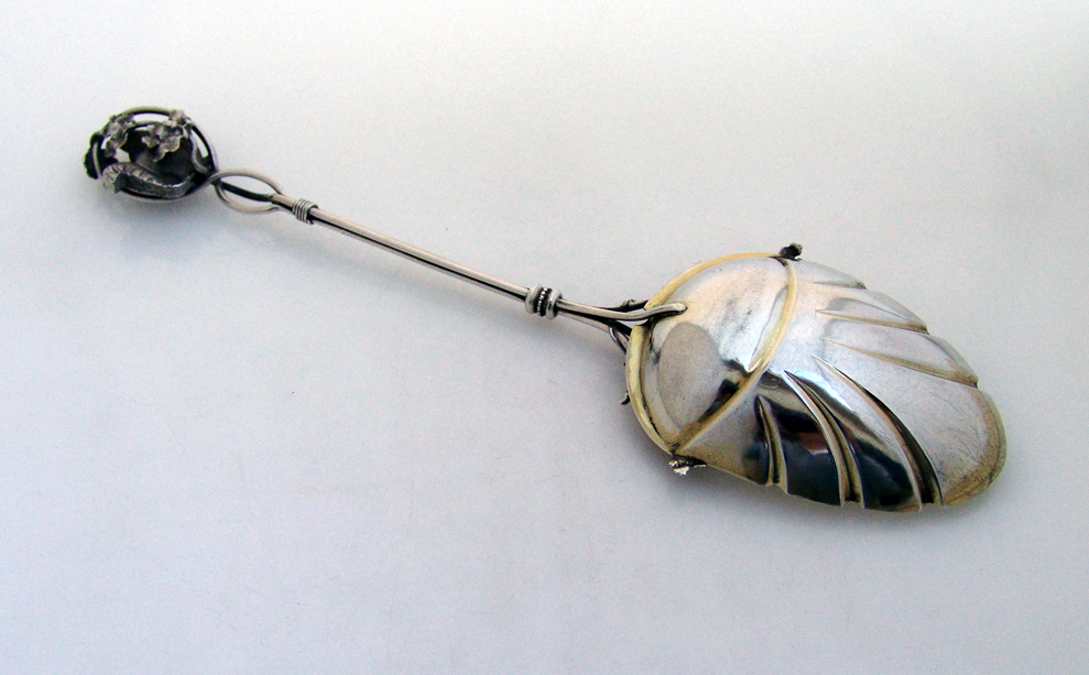 Figural Squirrel Oak Leaf Serving Spoon Sterling Silver 1870