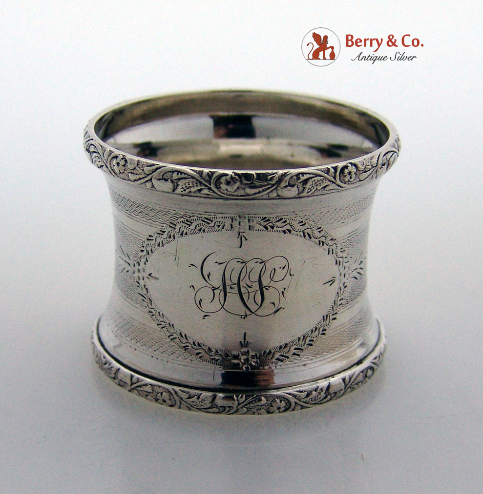  Engine Turned Engraved Napkin Rings Stippled Floral Scroll 1860 Coin Silver