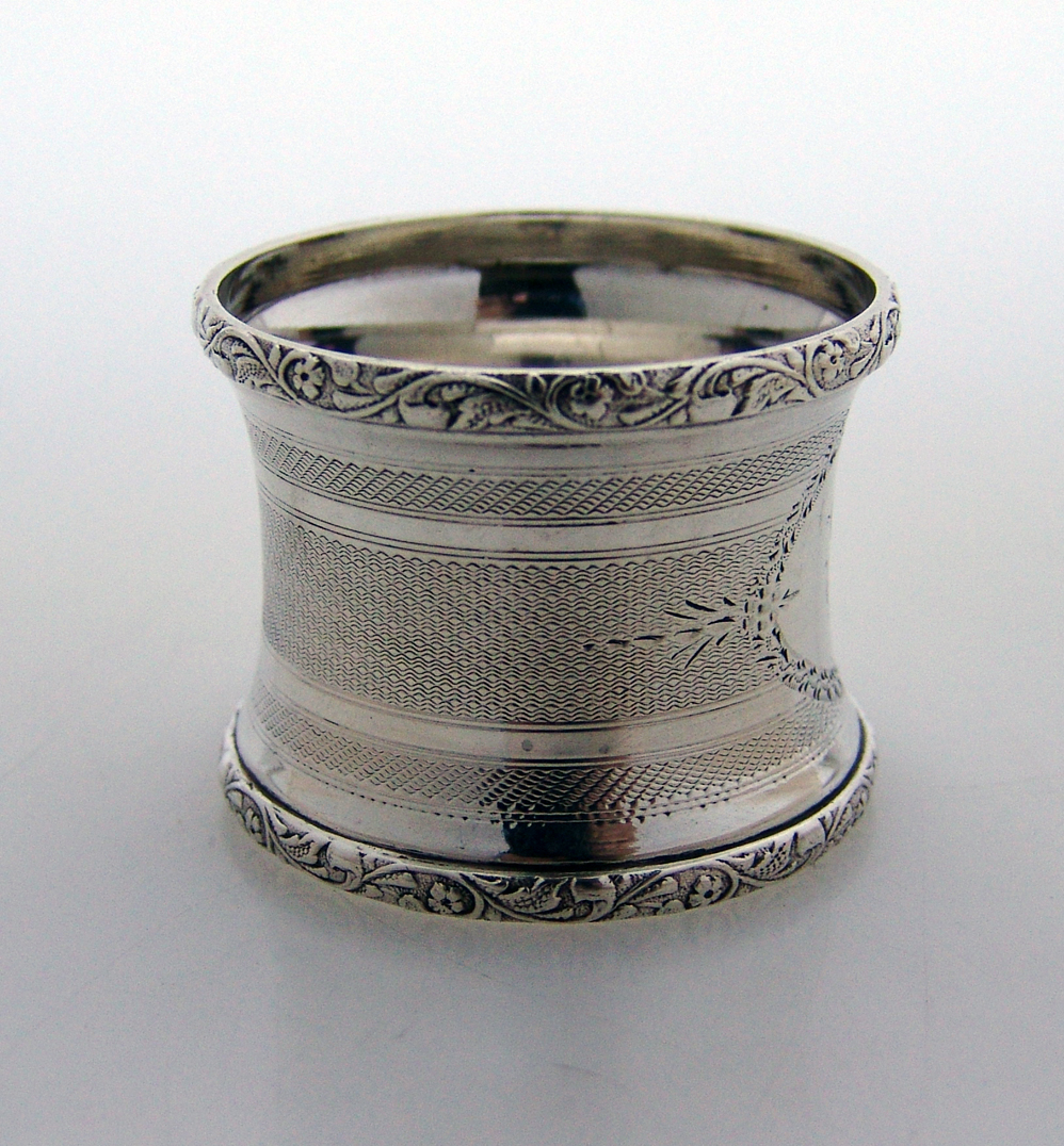  Engine Turned Engraved Napkin Rings Stippled Floral Scroll 1860 Coin Silver