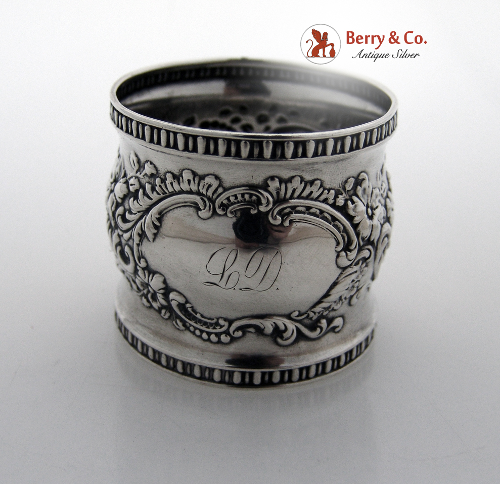 Floral Scroll Repousse Napkin Ring Sterling Silver Alvin 1900 Monogram LD