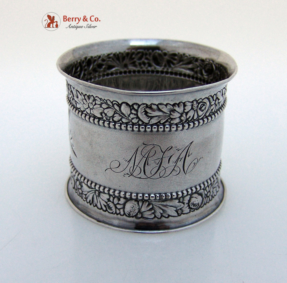 Beaded Floral Repousse Napkin Ring Gorham Sterling Silver 1900