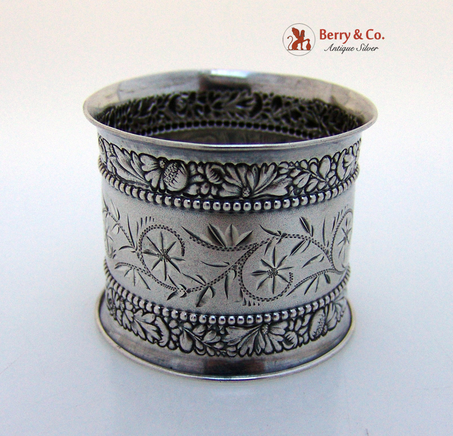 Beaded Floral Repousse Napkin Ring Gorham Sterling Silver 1900
