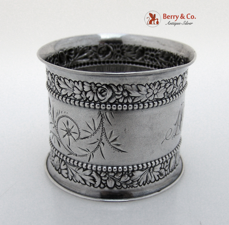 Beaded Floral Repousse Napkin Ring Gorham Sterling Silver 1900
