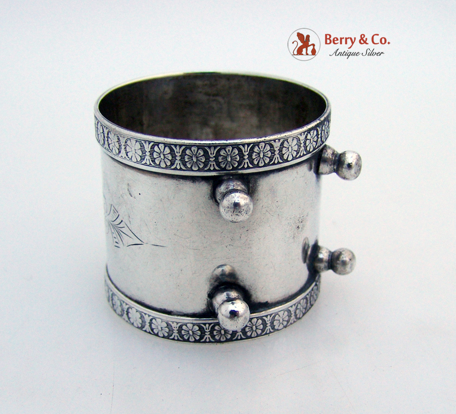 Rosette Border Engraved Napkin Ring Capstan Feet Coin Silver 1875 Gladys