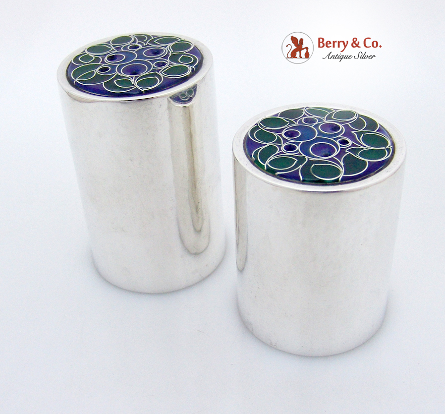 Floral Enamel Salt And Pepper Shakers Sterling Silver ONC 1970