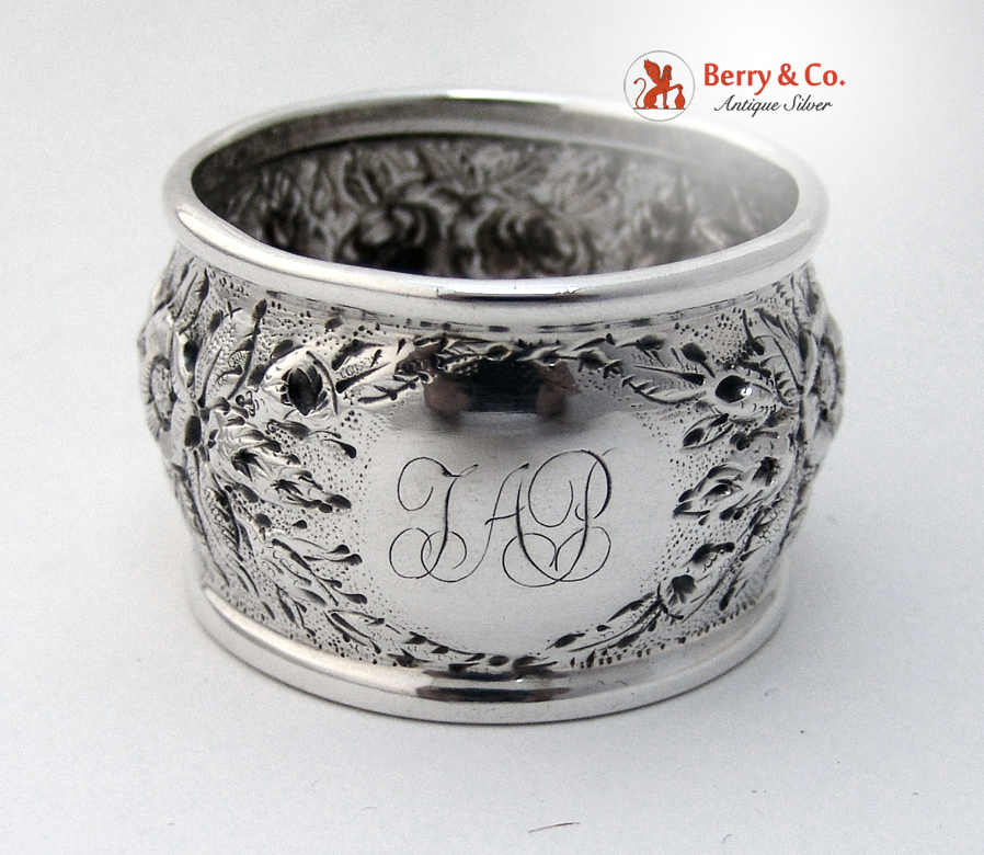 Floral Repousse Napkin Ring Coin Silver 1880 Monogram TAP