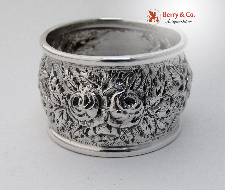 Floral Repousse Napkin Ring Coin Silver 1880 Monogram TAP