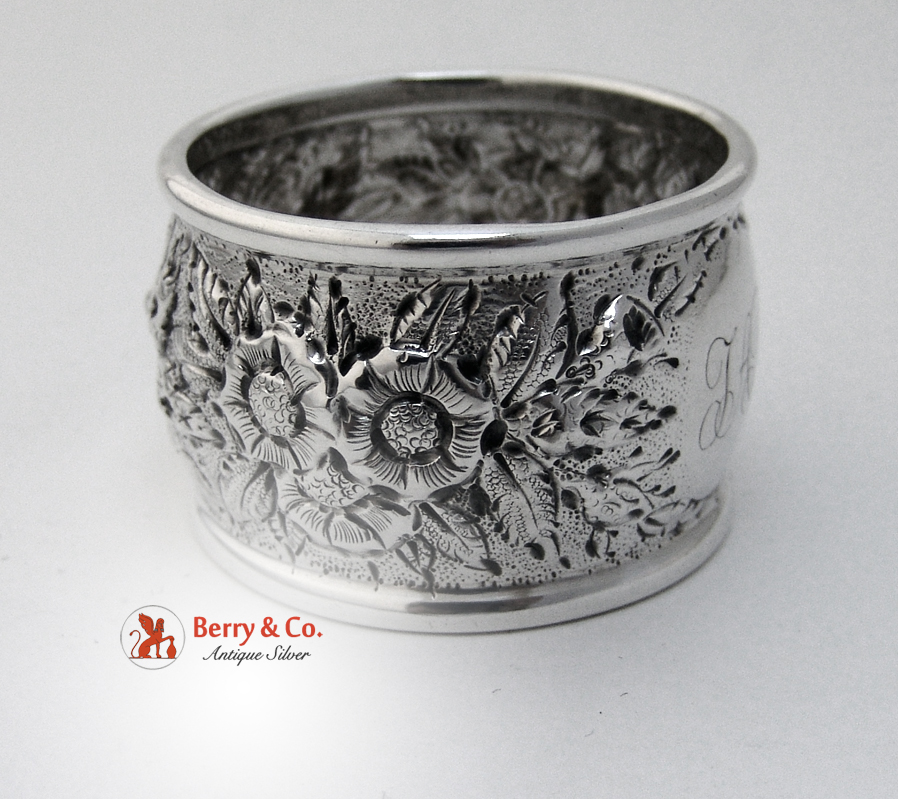 Floral Repousse Napkin Ring Coin Silver 1880 Monogram TAP