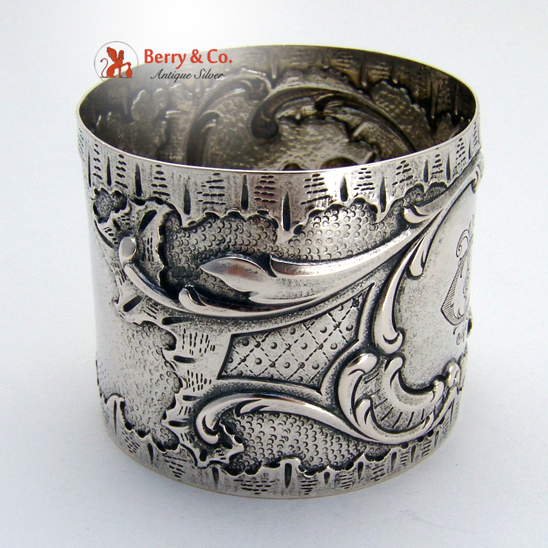 Repousse Floral Scroll Napkin Ring Coin Silver 1875 Monogram JO