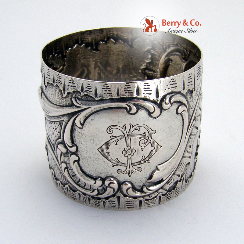 Repousse Floral Scroll Napkin Ring Coin Silver 1875 Monogram JO