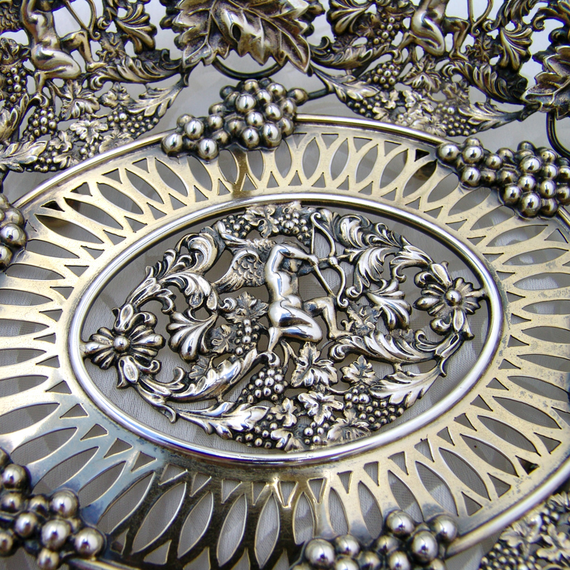 Ornate Grape Swing Handle Basket Cupid Bow Arrow Sterling Silver 1900