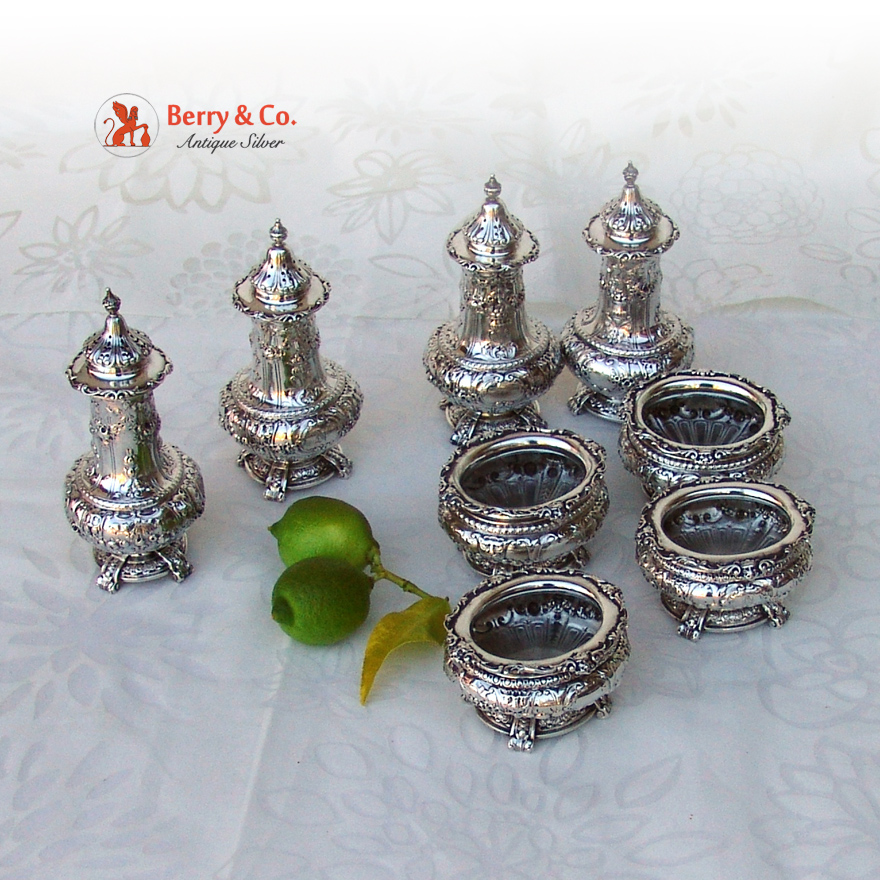 Renaissance Revival Open Salts Pepper Shakers 4 Gorham Sterling Silver 1900 