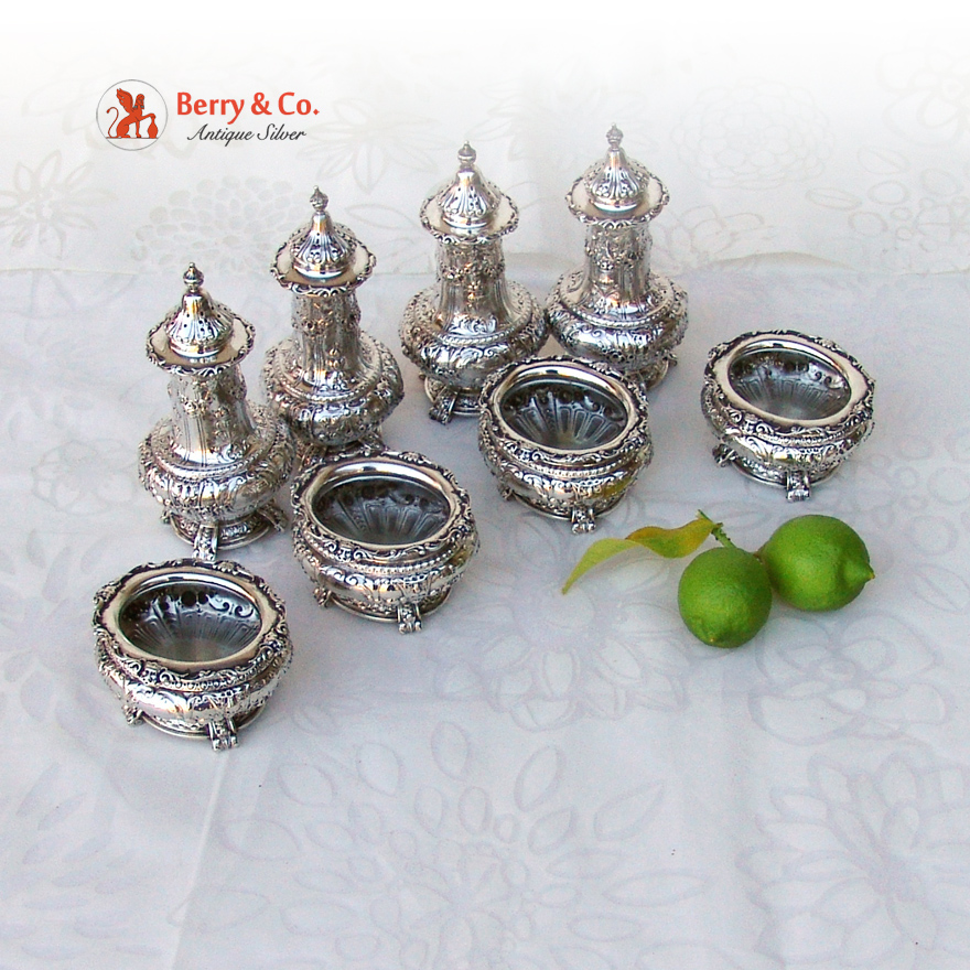 Renaissance Revival Open Salts Pepper Shakers 4 Gorham Sterling Silver 1900 