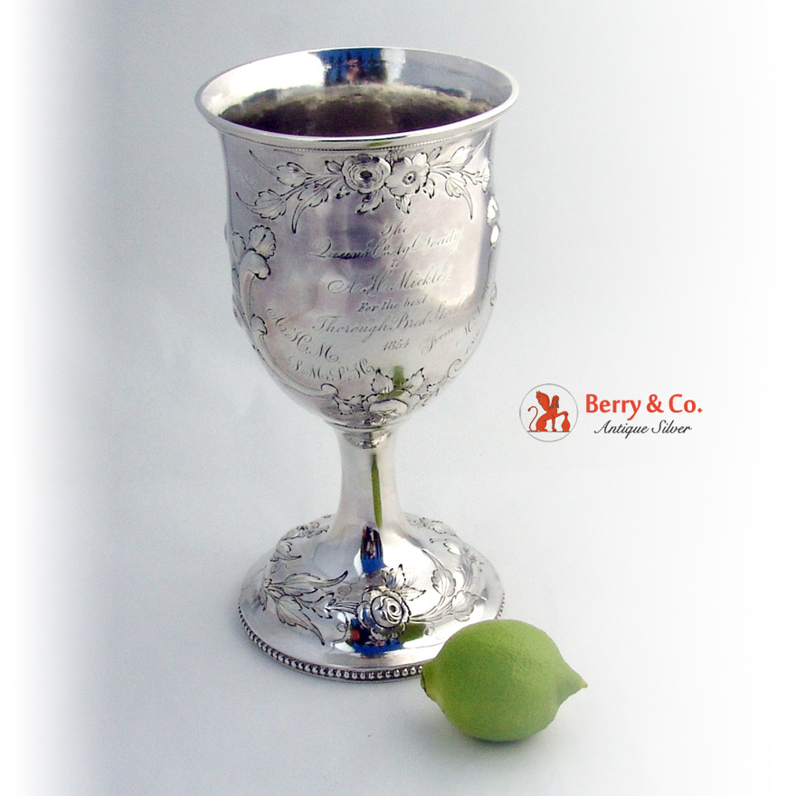Large Ornate Coin Silver Goblet Floral Repousse Decorations 1860