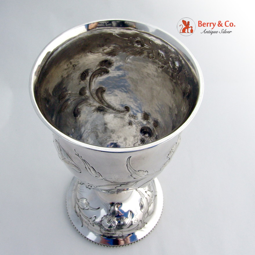 Large Ornate Coin Silver Goblet Floral Repousse Decorations 1860