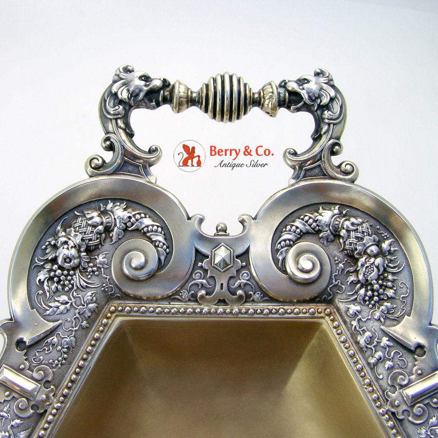 Large Ornate Center Piece Bowl 800 Silver Bird Lion Head and Cornucopia 1890