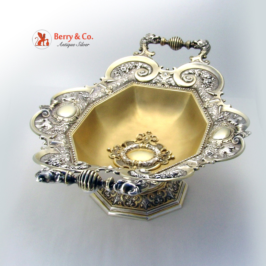 Large Ornate Center Piece Bowl 800 Silver Bird Lion Head and Cornucopia 1890