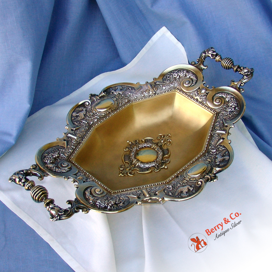 Large Ornate Center Piece Bowl 800 Silver Bird Lion Head and Cornucopia 1890