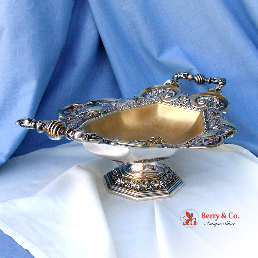 Large Ornate Center Piece Bowl 800 Silver Bird Lion Head and Cornucopia 1890