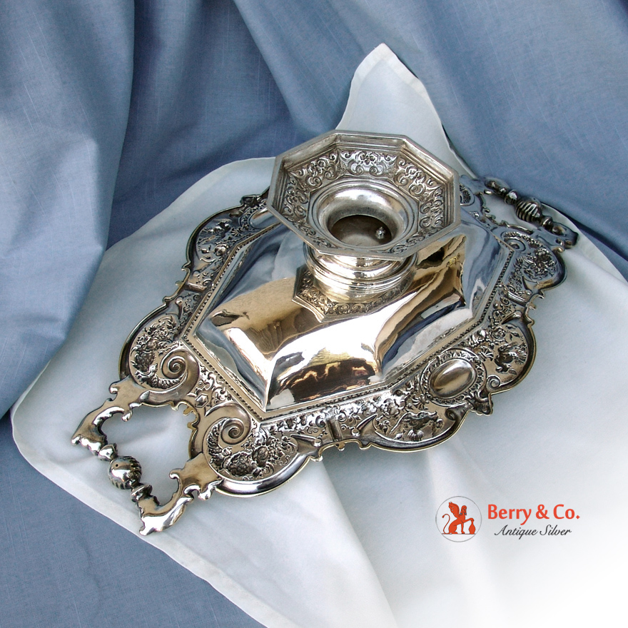 Large Ornate Center Piece Bowl 800 Silver Bird Lion Head and Cornucopia 1890