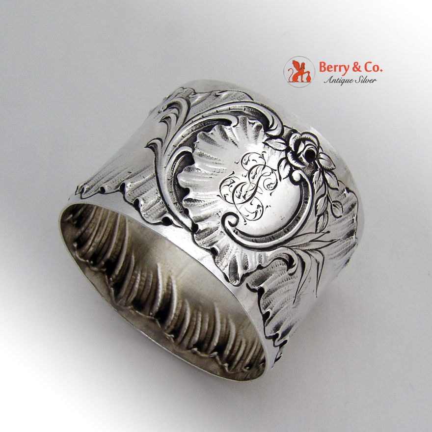 French Baroque Floral Shell Napkin Ring 1900 Denfert 950 Sterling Silver 