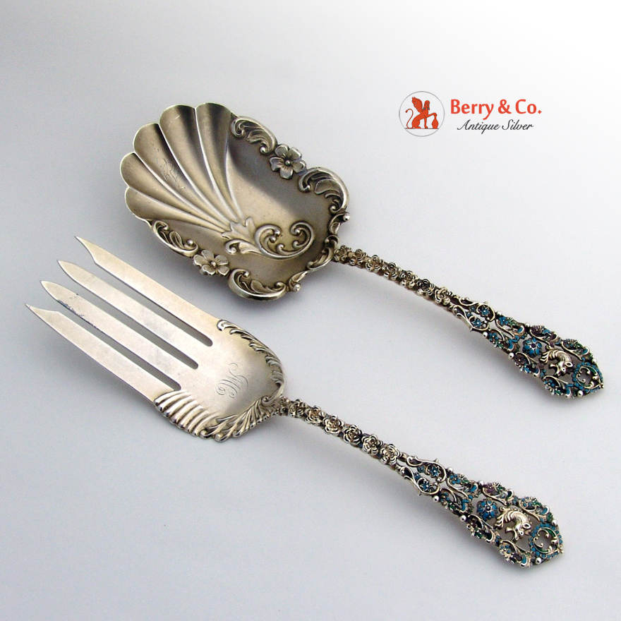Ornate Serving Set Fork Spoon Enamel Open Work Decorations Sterling Silver 1890