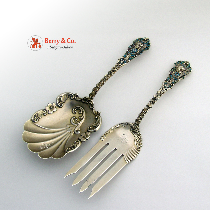 Ornate Serving Set Fork Spoon Enamel Open Work Decorations Sterling Silver 1890