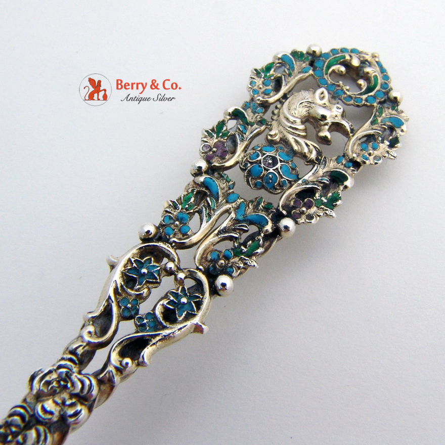 Ornate Serving Set Fork Spoon Enamel Open Work Decorations Sterling Silver 1890