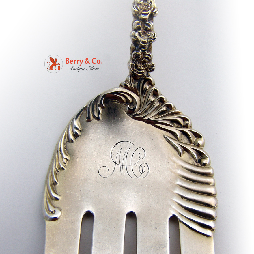 Ornate Serving Set Fork Spoon Enamel Open Work Decorations Sterling Silver 1890