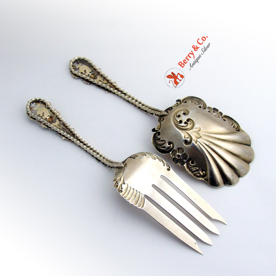 Ornate Serving Set Fork Spoon Enamel Open Work Decorations Sterling Silver 1890