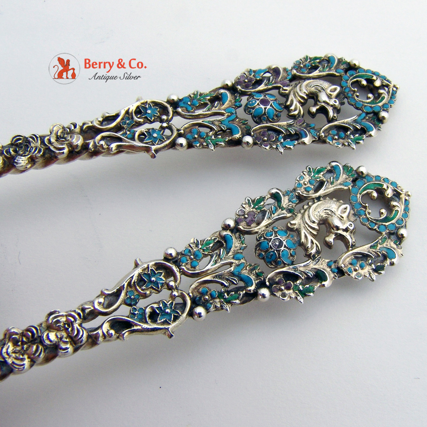 Ornate Serving Set Fork Spoon Enamel Open Work Decorations Sterling Silver 1890