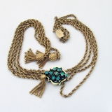 Vintage Dangle Necklace Slider Pineapple Tassels Opals Black Enamel