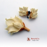 Mings Woodrose Jewelry Set Earrings Pin Ivory Sterling Silver 1940