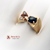Geometric Gentlemans Ring 14 K Yellow Gold Black Star Sapphire Cabochon Diamond Accents