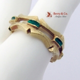 Arts And Crafts Style Ring Band 14K Yellow Gold Green Enamel