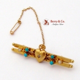 English Victorian 15K Gold Bar Pin Heart Seed Pearls Turquoise Diamond 1890