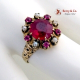 Vintage Retro Cocktail Ring 14K Rose Gold Synthetic Rubies Seed Pearls 1940