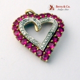 Open Heart Pendant Synthetic Rubies 10 K Yellow and White Gold