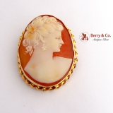 Vintage Oval Shell Cameo Brooch or Pendant 10 K Yellow Gold